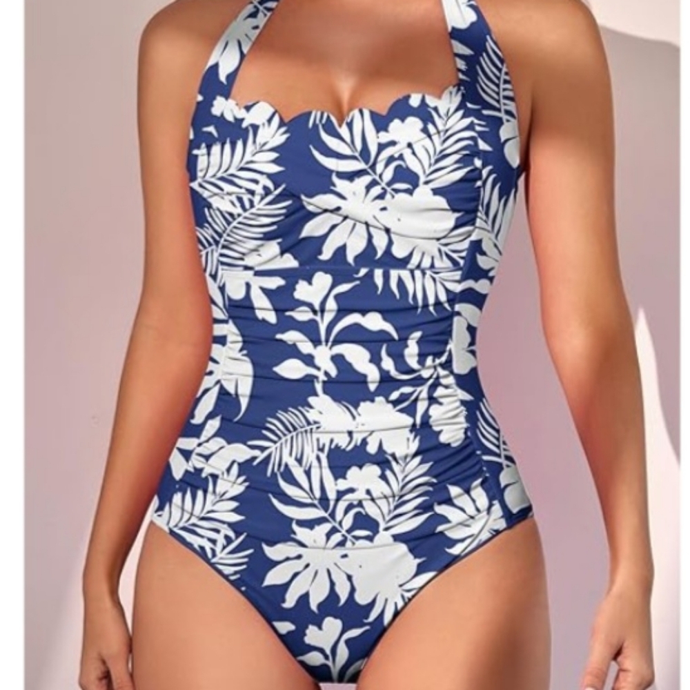 EOMENIE- Women's Blue and White floral Halter Swimsuit tummy control size M - Picture 3 of 3